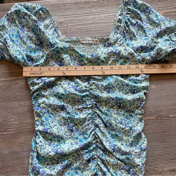 Live To Be Spoiled Green Pastel Floral Ruched Front Short Cap Sleeve Dress - Picture 9 of 13